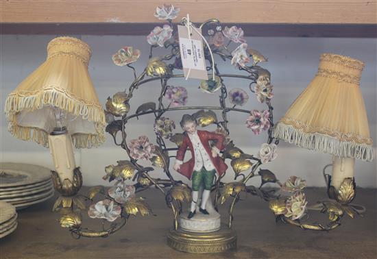 Gilt metal and porcelain twin branch lamp